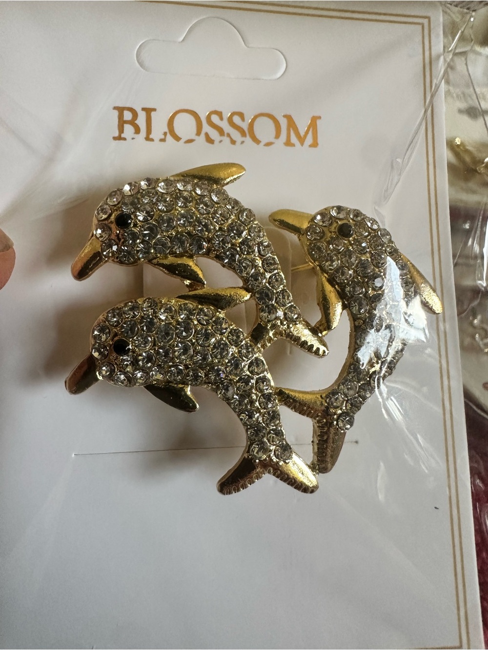 Blossom Gold Crystal Dolphin Brooch - Gold